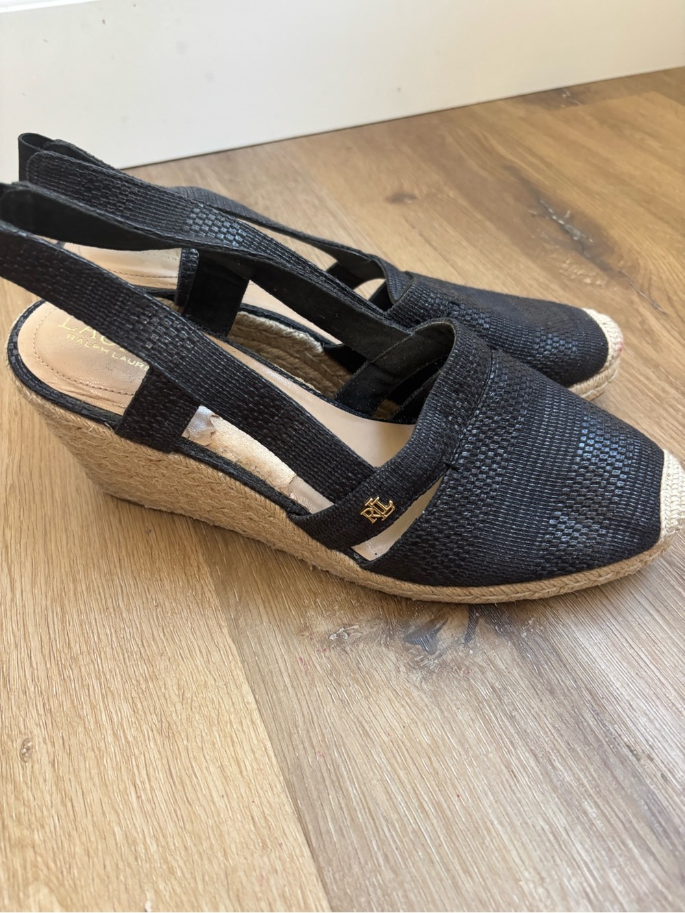 Ralph Lauren Black Woven Slingback Espadrille Wedges with Raffia Heel
